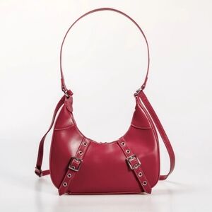 Double Buckle Elegant Red Leather Shoulder Bag